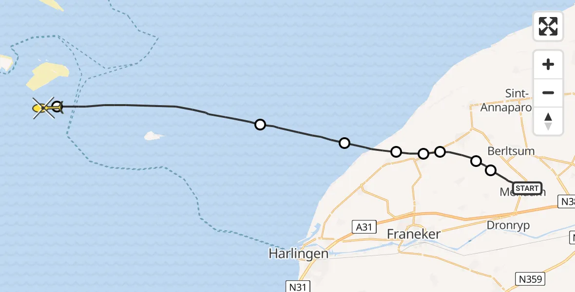 Routekaart van de vlucht: Ambulancehelikopter naar Vlieland