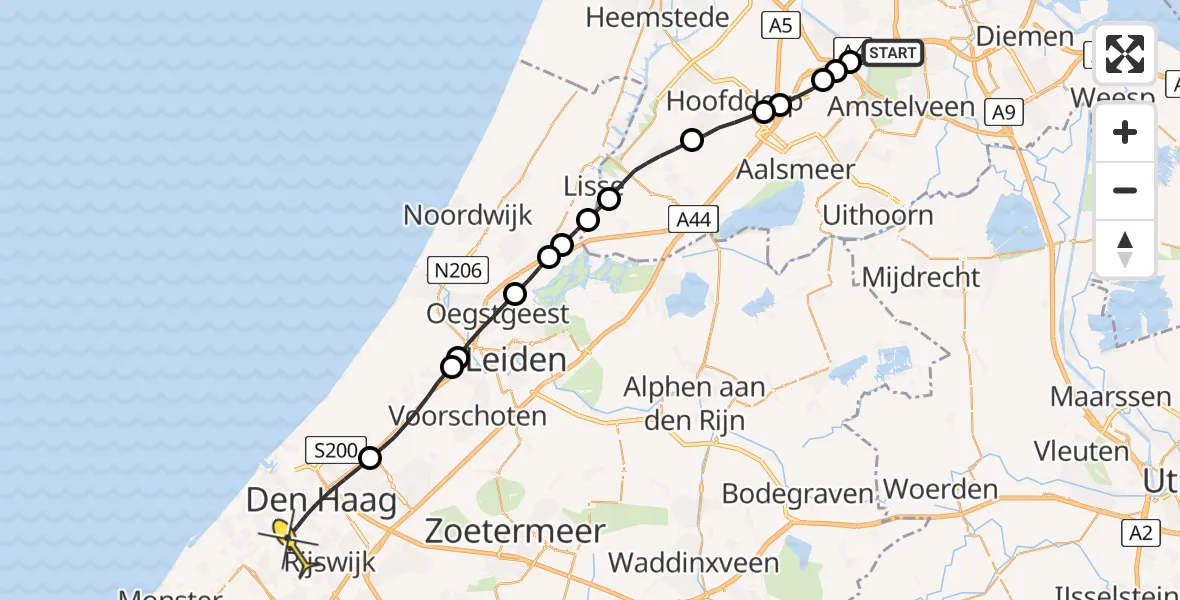 Routekaart van de vlucht: Lifeliner 1 naar Den Haag