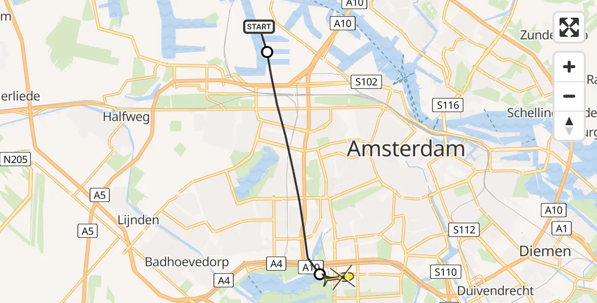 Routekaart van de vlucht: Lifeliner 1 naar VU Medisch Centrum Amsterdam