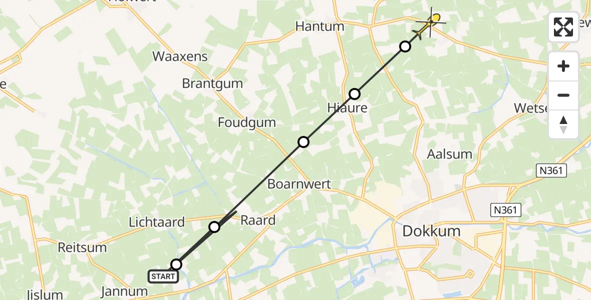 Routekaart van de vlucht: Ambulancehelikopter naar Hantumeruitburen