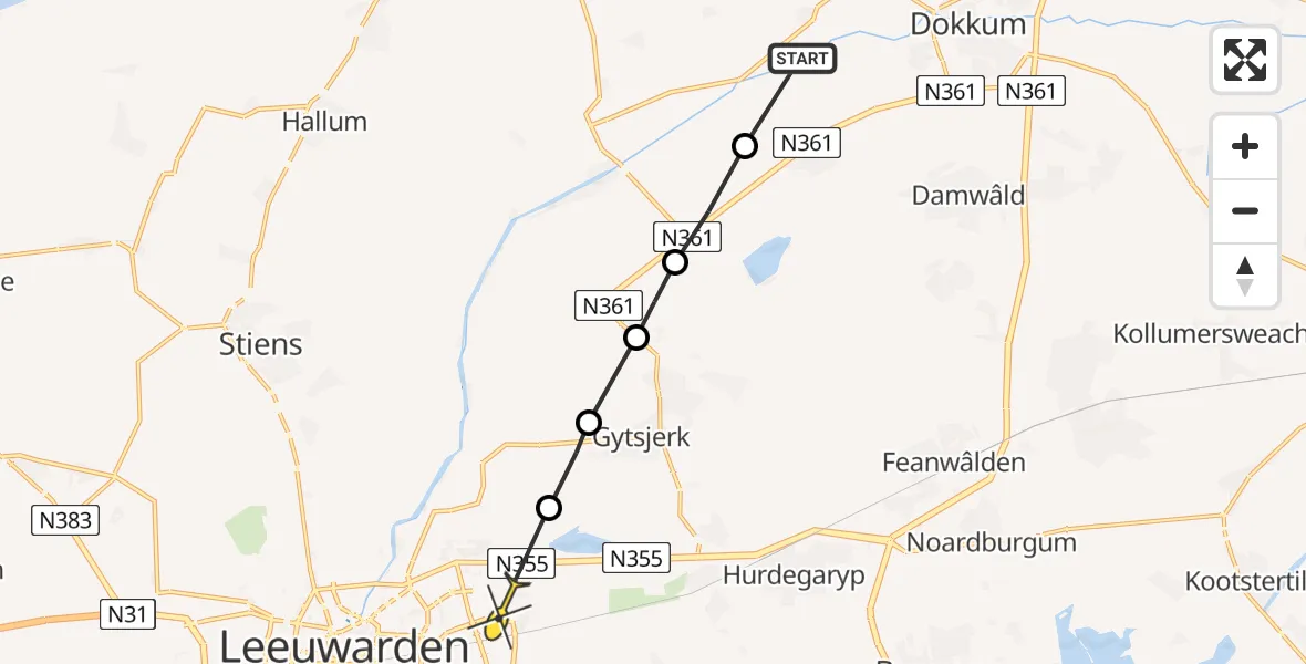 Routekaart van de vlucht: Ambulanceheli naar Leeuwarden