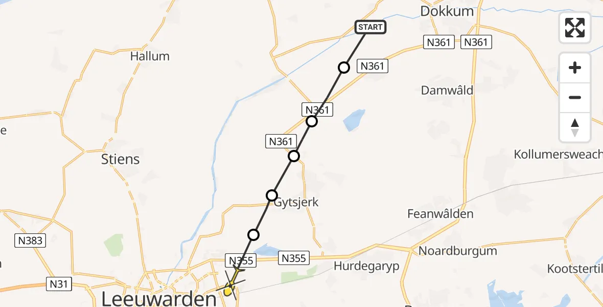 Routekaart van de vlucht: Ambulancehelikopter naar Leeuwarden