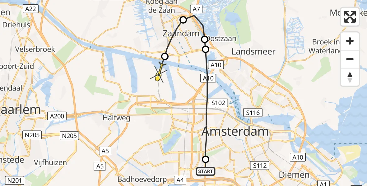 Routekaart van de vlucht: Lifeliner 1 naar Amsterdam Heliport