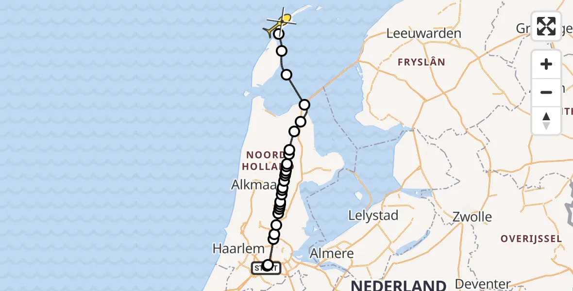 Routekaart van de vlucht: Politiehelikopter naar Vlieland