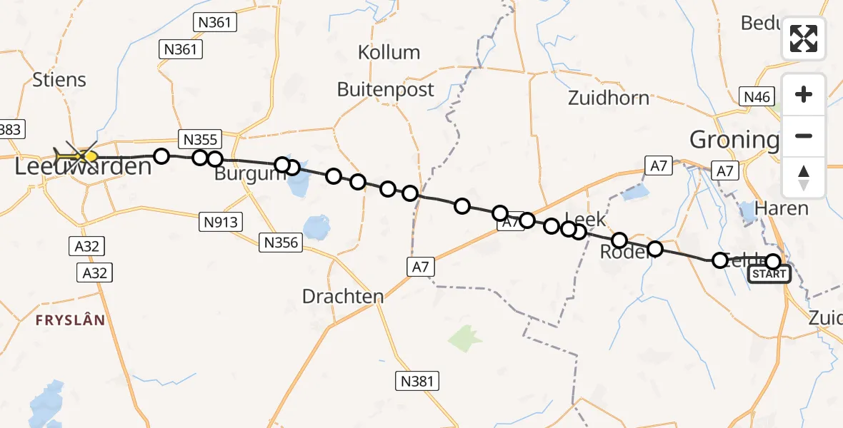 Routekaart van de vlucht: Lifeliner 4 naar Leeuwarden