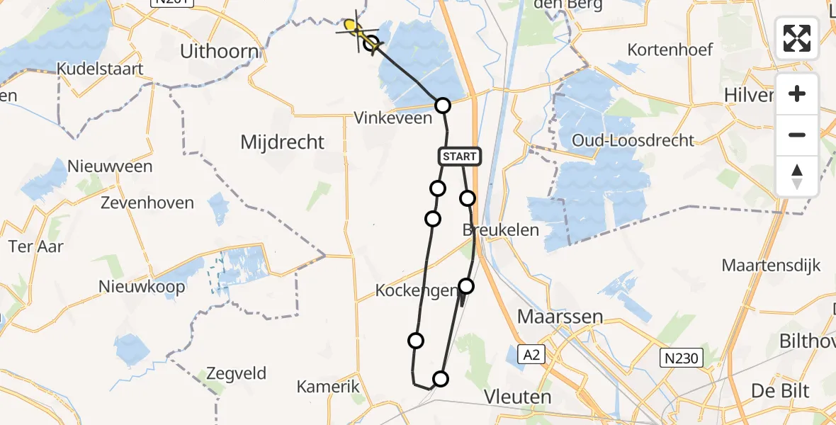 Routekaart van de vlucht: Politiehelikopter naar Waverveen
