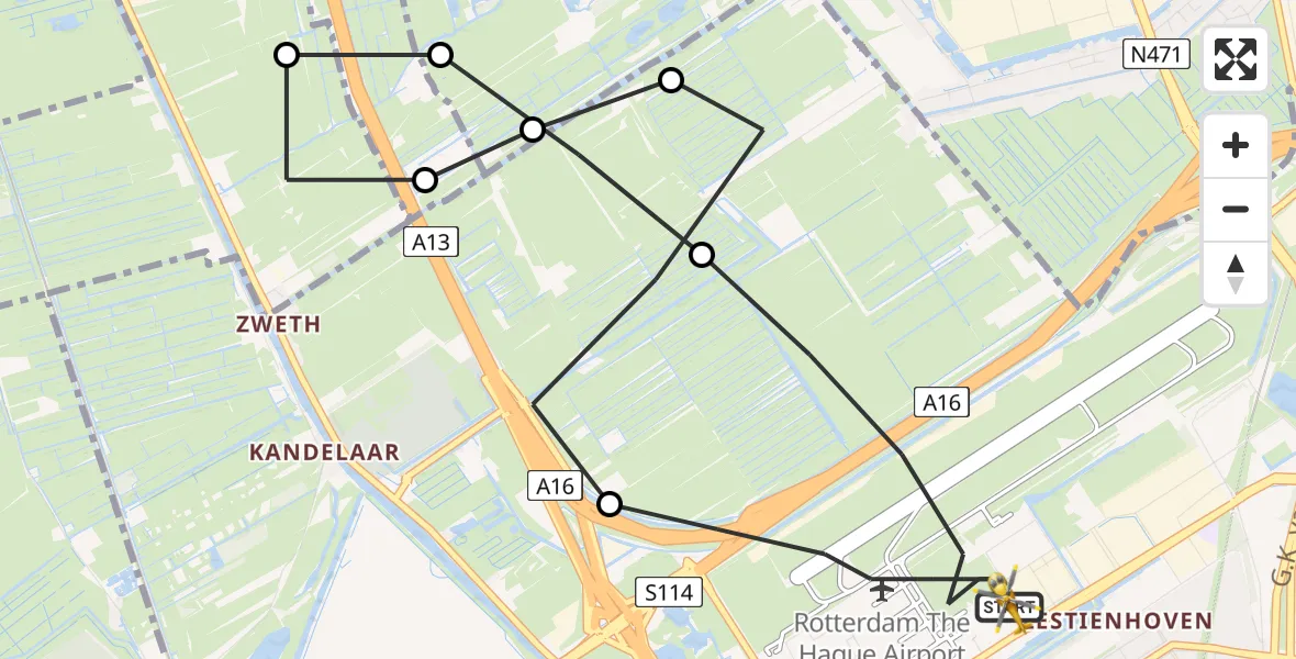 Vluchtroute Traumahelikopter Rotterdam The Hague Airport - Rotterdam The Hague Airport, 04 mei 2023, 13:44