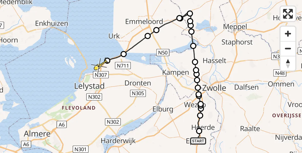 Routekaart van de vlucht: Politieheli naar Lelystad