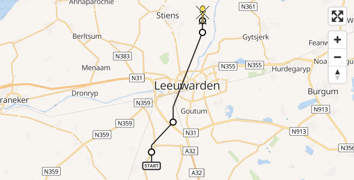 Routekaart van de vlucht: Politiehelikopter naar Stiens