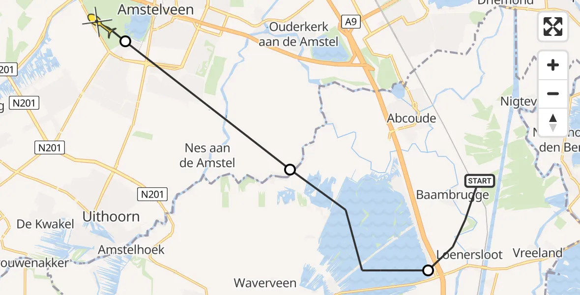 Routekaart van de vlucht: Politieheli naar Amstelveen