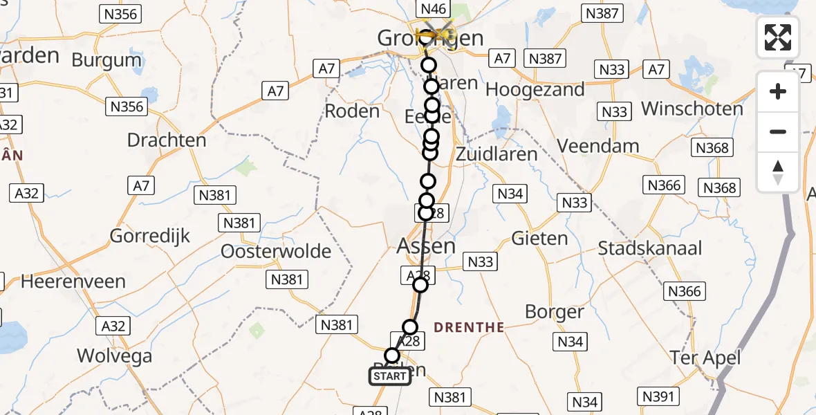 Vluchtroute Traumahelikopter Beilen - Universitair Medisch Centrum Groningen, 05 mei 2023, 00:33
