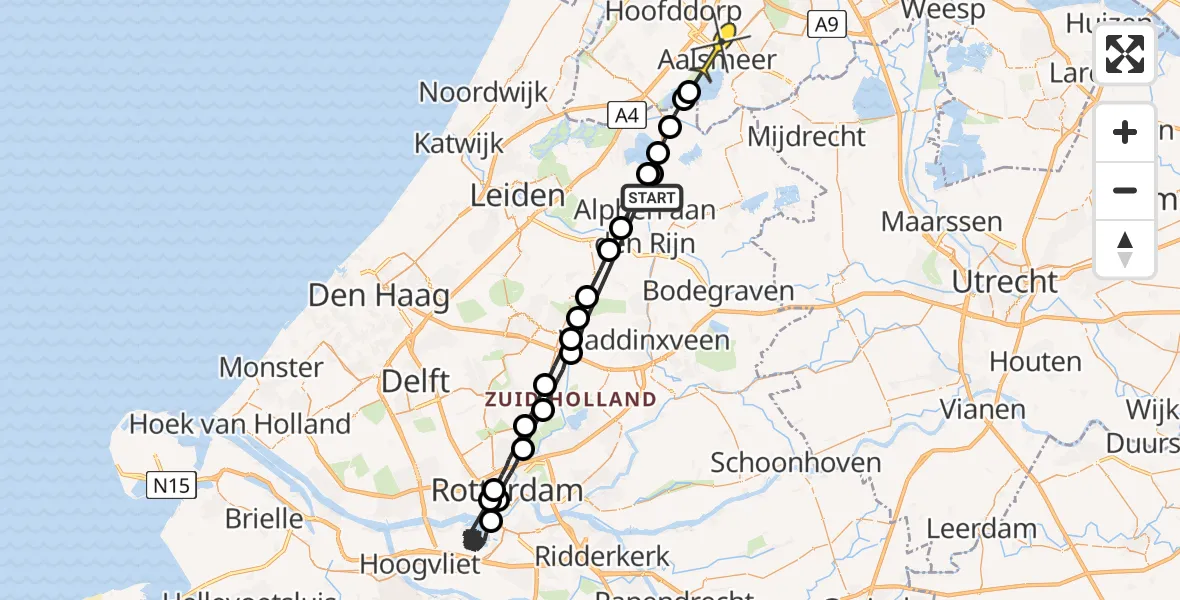 Routekaart van de vlucht: Politiehelikopter naar Aalsmeerderbrug