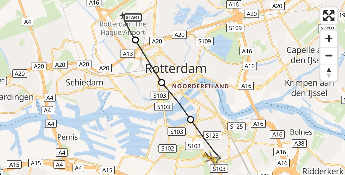 Vluchtroute Traumahelikopter Rotterdam The Hague Airport - Rotterdam, 05 mei 2023, 05:39