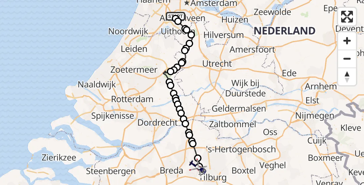 Vluchtroute Politiehelikopter Schiphol - Tilburg, 05 mei 2023, 09:01