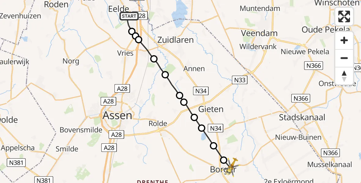 Vluchtroute Traumahelikopter Groningen Airport Eelde - Borger, 05 mei 2023, 09:02