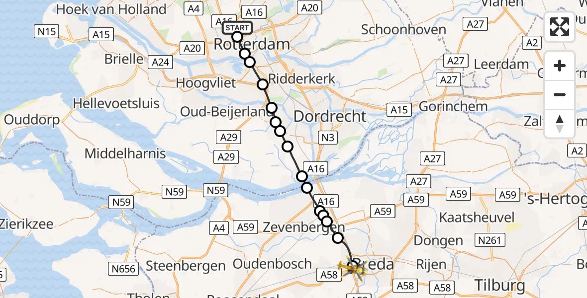 Vluchtroute Traumahelikopter Rotterdam The Hague Airport - Breda, 05 mei 2023, 13:25