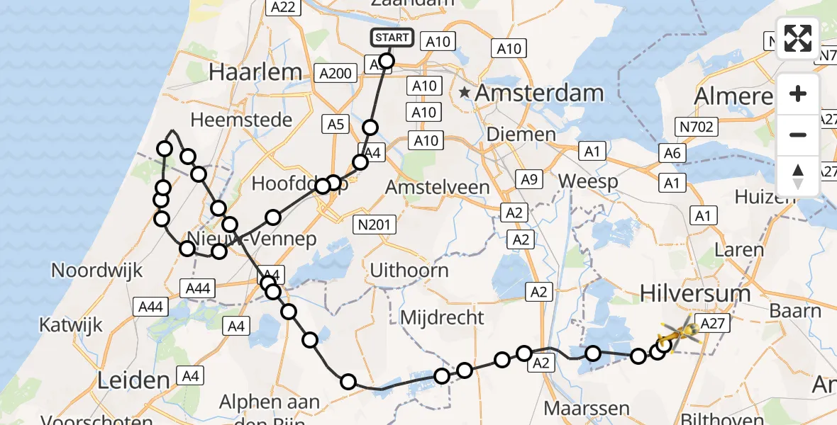 Vluchtroute Traumahelikopter Amsterdam Heliport - Vliegveld Hilversum, 05 mei 2023, 14:06