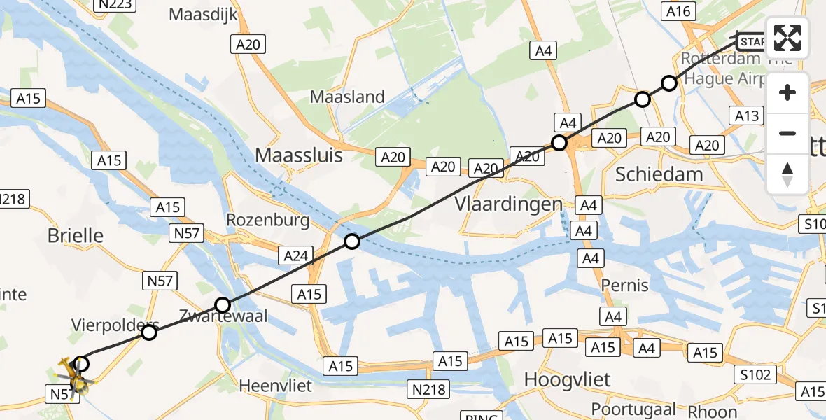 Vluchtroute Traumahelikopter Rotterdam The Hague Airport - Hellevoetsluis, 05 mei 2023, 17:58