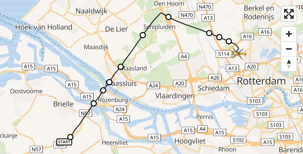 Vluchtroute Traumahelikopter Hellevoetsluis - Rotterdam The Hague Airport, 05 mei 2023, 18:20