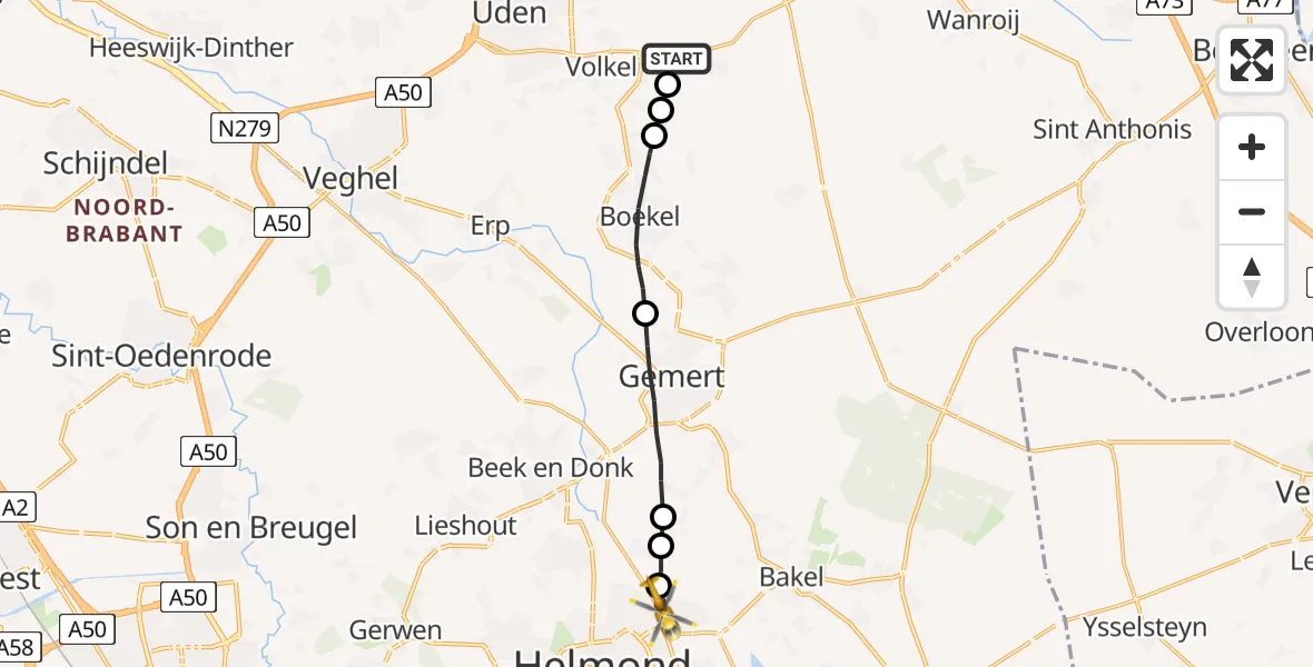 Vluchtroute Traumahelikopter Vliegbasis Volkel - Helmond, 05 mei 2023, 20:15