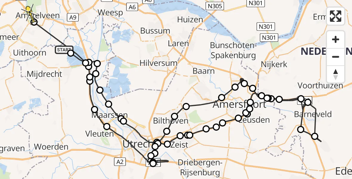 Routekaart van de vlucht: Politieheli naar Amstelveen