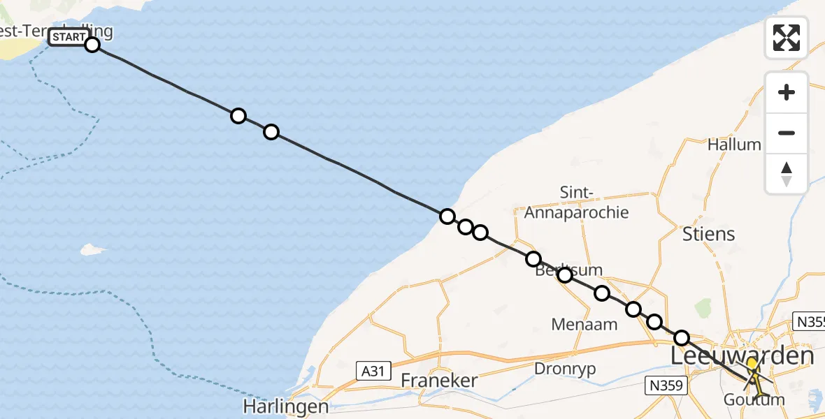 Routekaart van de vlucht: Lifeliner 4 naar Leeuwarden