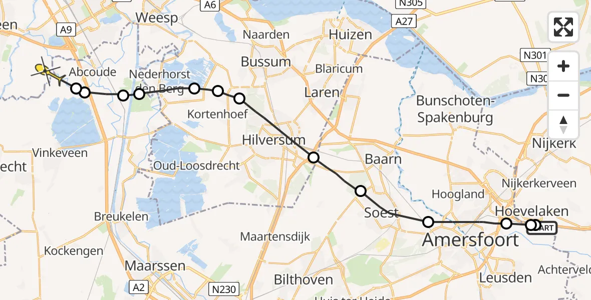 Routekaart van de vlucht: Politiehelikopter naar Ouderkerk aan de Amstel