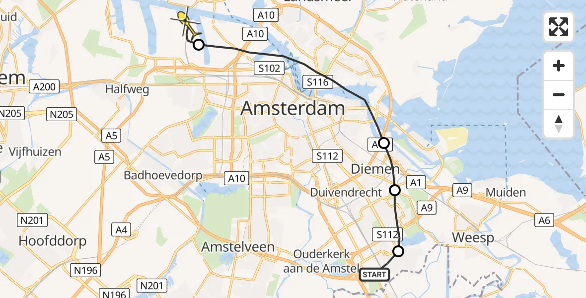 Routekaart van de vlucht: Lifeliner 1 naar Amsterdam Heliport