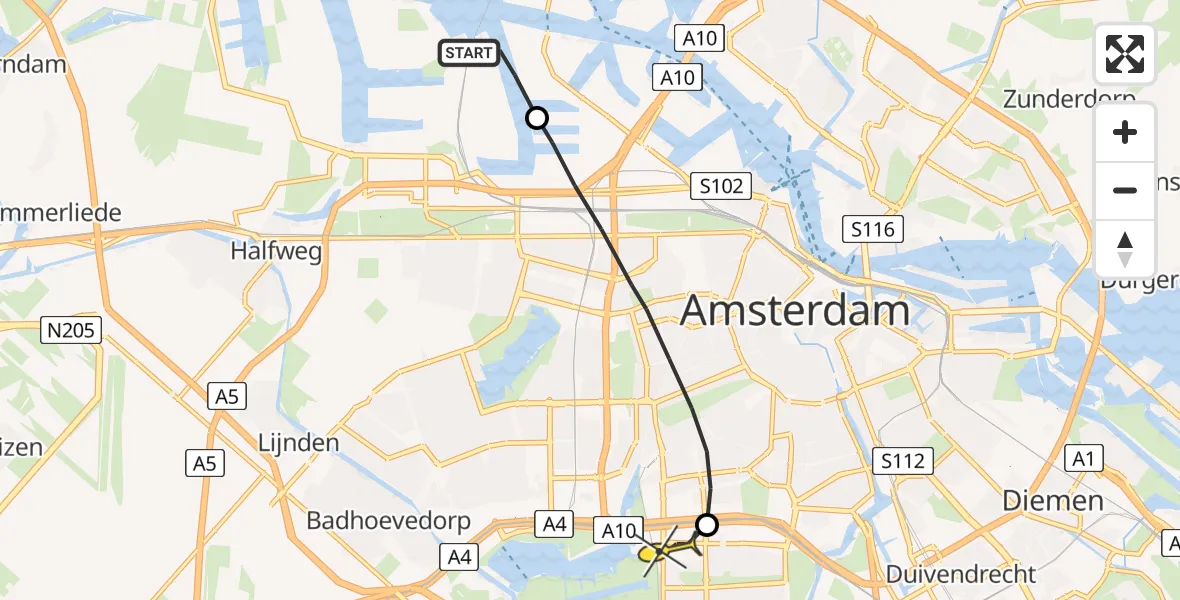 Routekaart van de vlucht: Lifeliner 1 naar VU Medisch Centrum Amsterdam