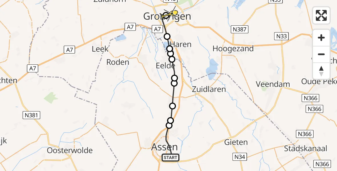 Routekaart van de vlucht: Lifeliner 4 naar Universitair Medisch Centrum Groningen