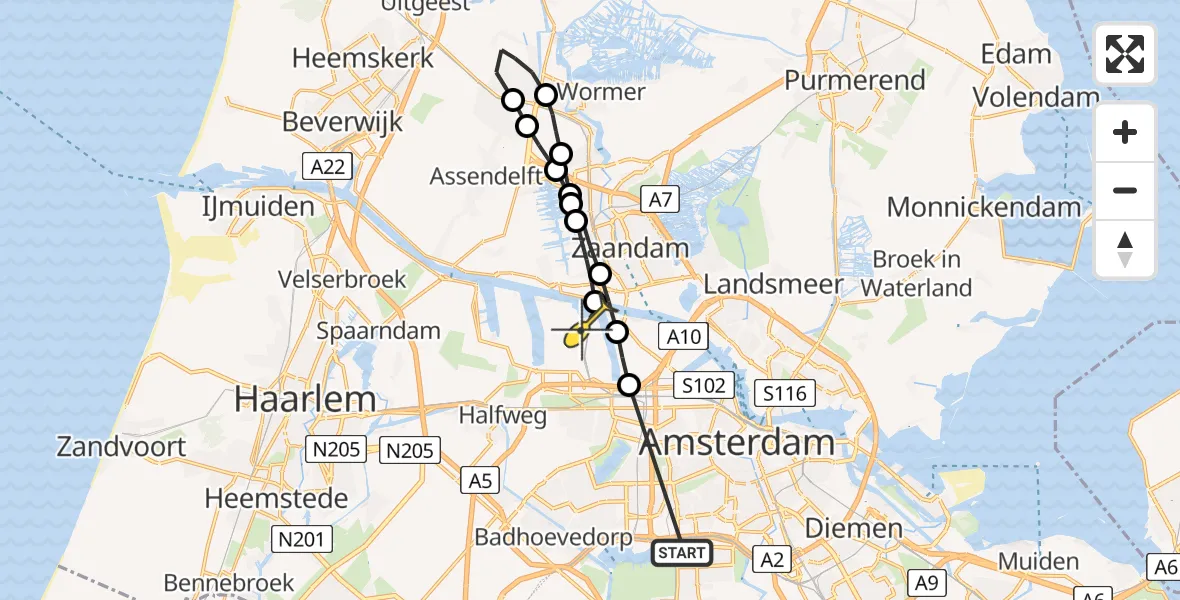 Routekaart van de vlucht: Lifeliner 1 naar Amsterdam Heliport