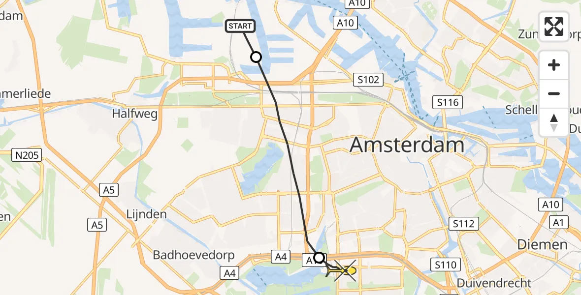 Routekaart van de vlucht: Lifeliner 1 naar VU Medisch Centrum Amsterdam