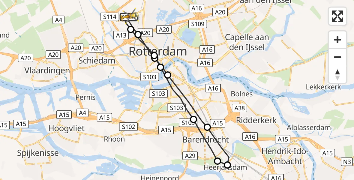 Vluchtroute Traumahelikopter Rotterdam The Hague Airport - Rotterdam The Hague Airport, 07 mei 2023, 07:39