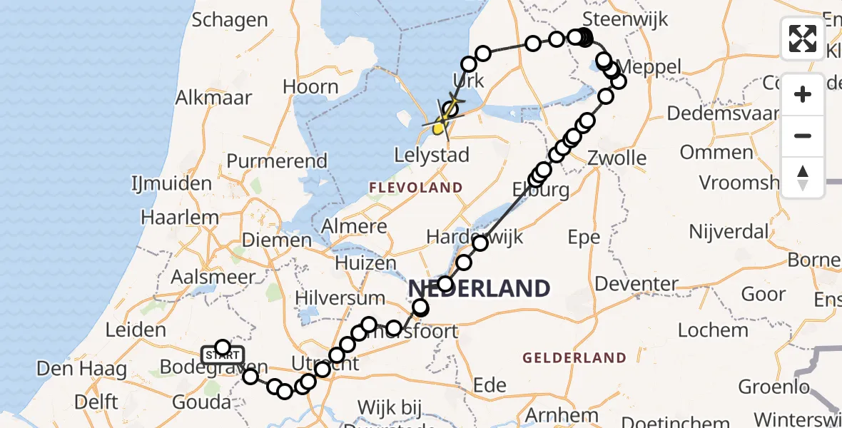 Routekaart van de vlucht: Politieheli naar Lelystad