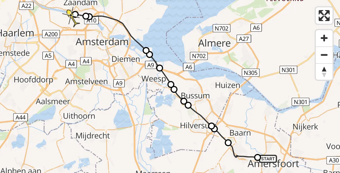 Routekaart van de vlucht: Lifeliner 1 naar Amsterdam Heliport