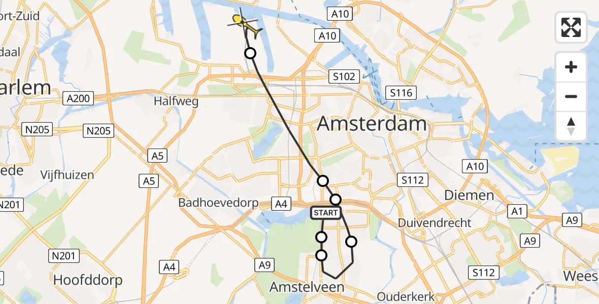 Routekaart van de vlucht: Lifeliner 1 naar Amsterdam Heliport