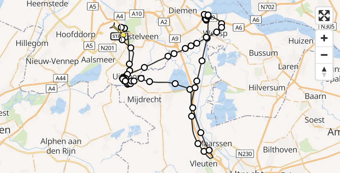 Routekaart van de vlucht: Politieheli naar Schiphol