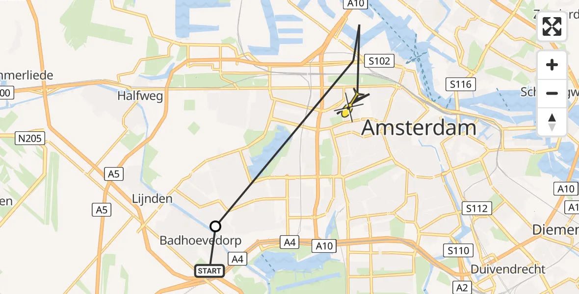 Routekaart van de vlucht: Politieheli naar Amsterdam