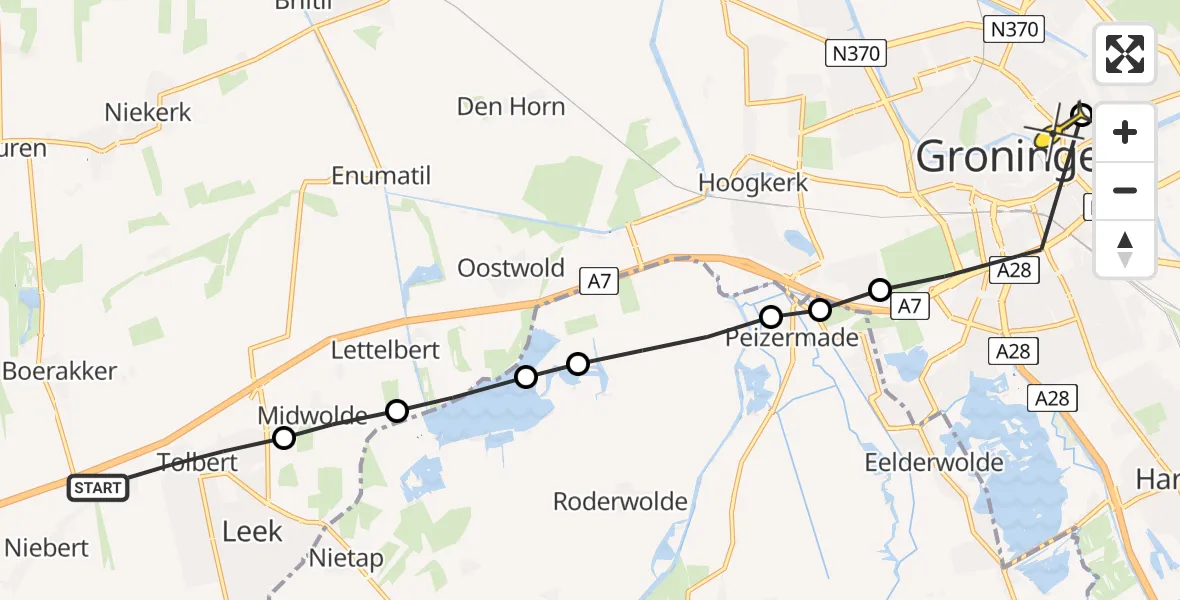 Routekaart van de vlucht: Lifeliner 4 naar Universitair Medisch Centrum Groningen