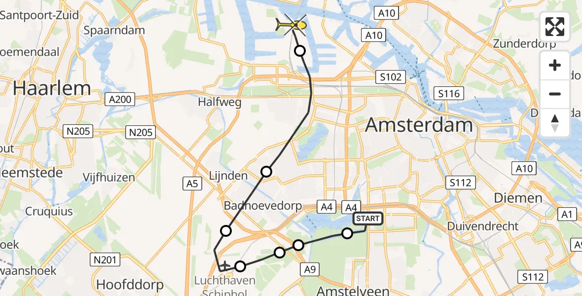 Routekaart van de vlucht: Lifeliner 1 naar Amsterdam Heliport