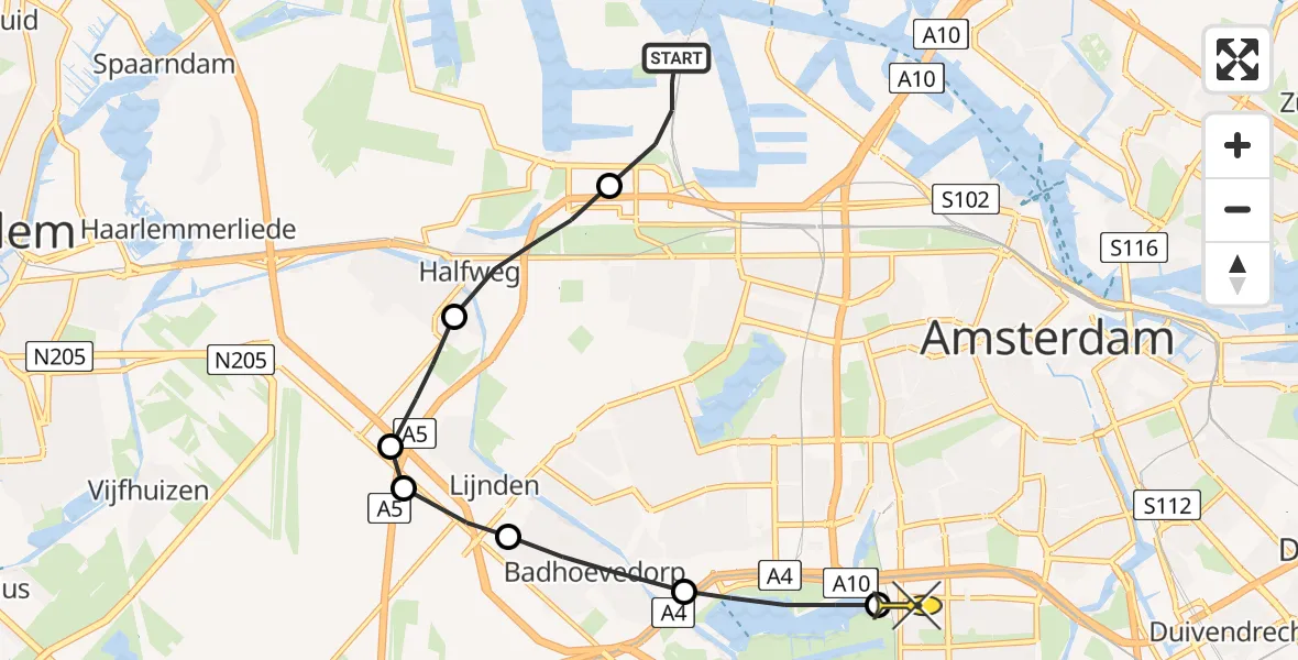 Routekaart van de vlucht: Lifeliner 1 naar VU Medisch Centrum Amsterdam