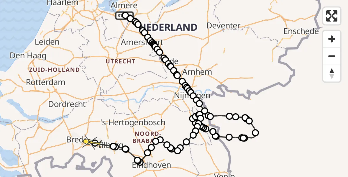 Routekaart van de vlucht: Politiehelikopter naar Vliegbasis Gilze-Rijen