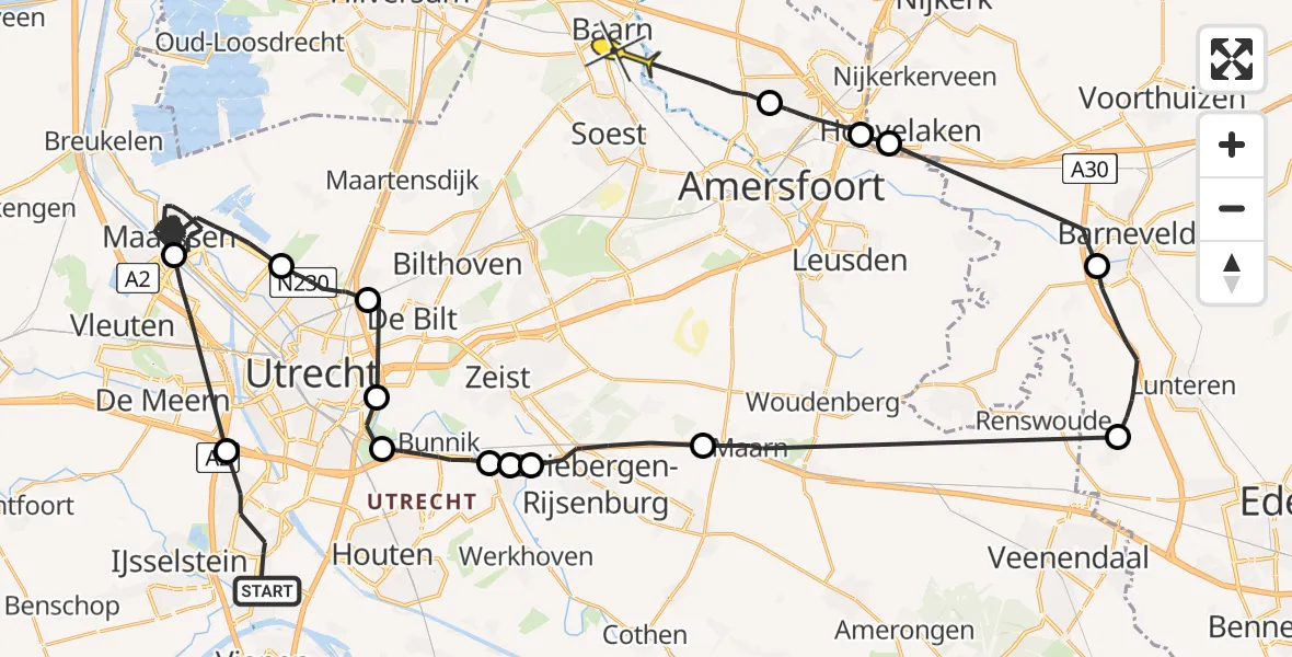 Routekaart van de vlucht: Politieheli naar Baarn