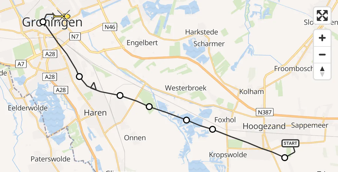 Routekaart van de vlucht: Lifeliner 4 naar Universitair Medisch Centrum Groningen