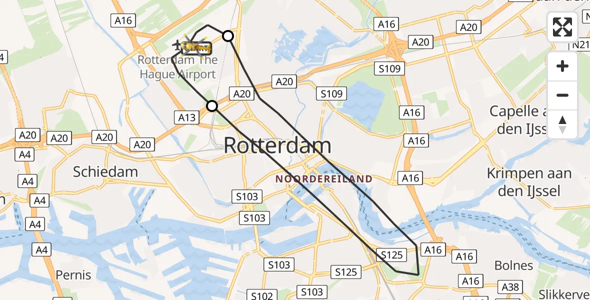 Vluchtroute Traumahelikopter Rotterdam The Hague Airport - Rotterdam The Hague Airport, 10 mei 2023, 07:33