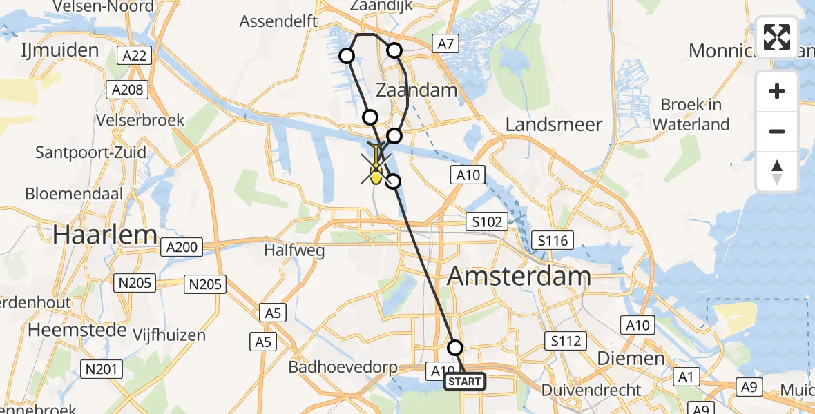 Routekaart van de vlucht: Lifeliner 1 naar Amsterdam Heliport