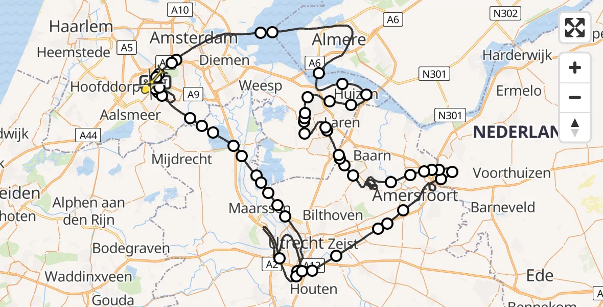 Routekaart van de vlucht: Politieheli naar Schiphol