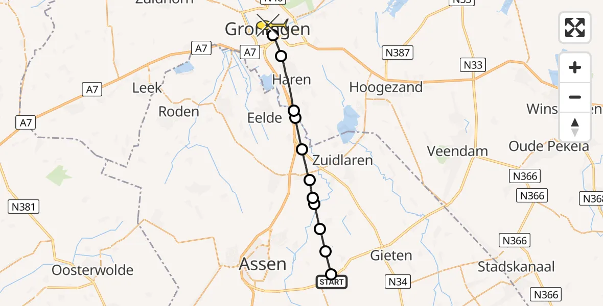 Routekaart van de vlucht: Lifeliner 4 naar Universitair Medisch Centrum Groningen