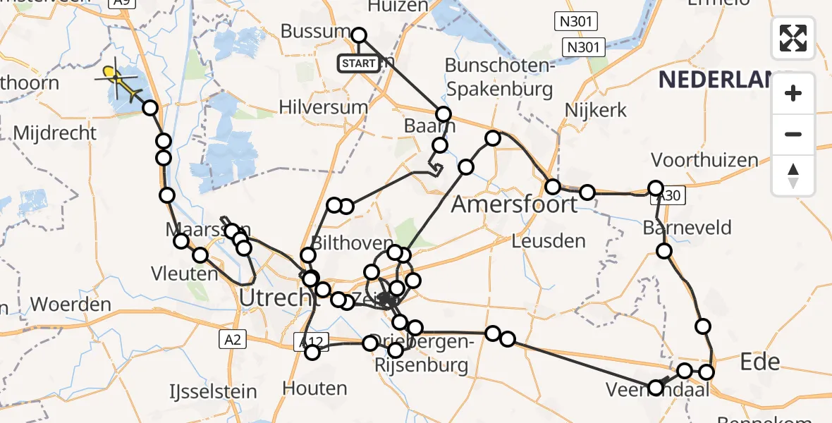 Routekaart van de vlucht: Politieheli naar Vinkeveen