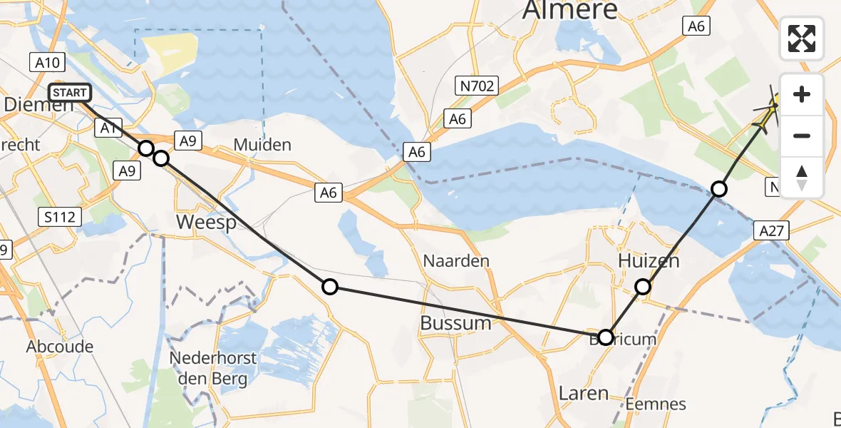 Routekaart van de vlucht: Politiehelikopter naar Almere